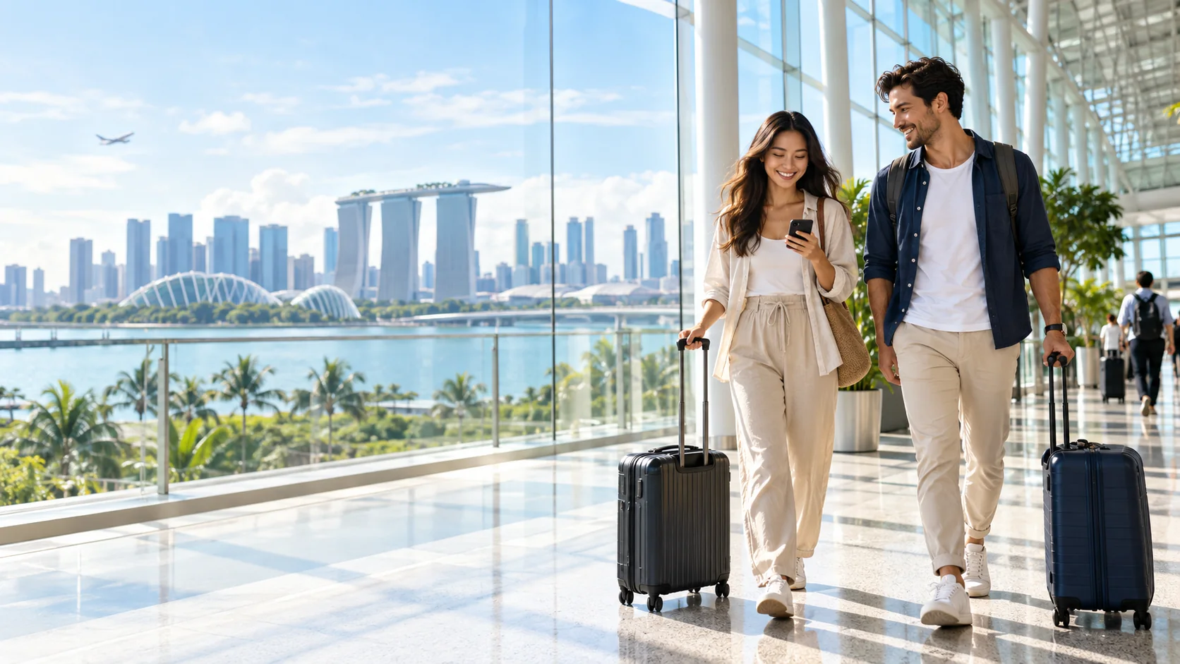Travellers arriving at a sunlit international airport